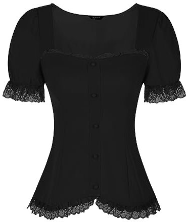 Allegra K Victorian Shirt for Women's Sweetheart Neck Puff Short Sleeve Lace Up Gothic Blouse Black XL