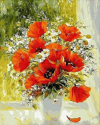 Artnapi Malen nach Zahlen Erwachsene ohne Rahmen | DIY Handgemalt | Mohnblumen und Gänseblümchen | Kit für Anfänger und Erwachsene | Set inklusive Acrylfarben & Pinsel | 40x50cm Leinwand