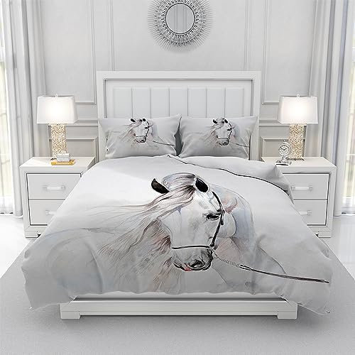 Leleyouzer 3D Pferd Bettwäsche Set 135 x 200 cm,Pferd Muster Gedruckt Bettbezug Set von 3,Mikrofaser Bettbezug Set für Kinder Jungen Zimmer Dekoration