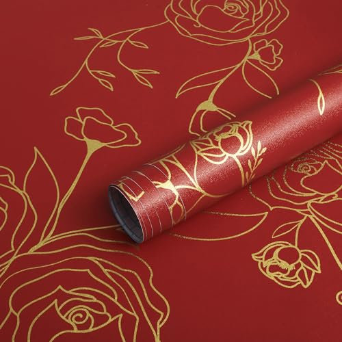 118x17.3 Peel and Stick Wallpaper Gold and Red Contact Paper Floral Wallpaper Self Adhesive Removable Wallpaper Contact Paper for Walls Covering Vinyl Rolls