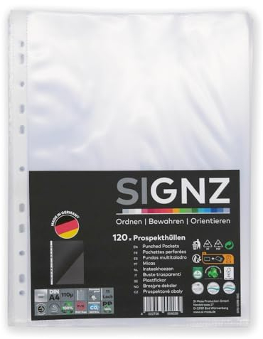 SIGNZ Prospekthüllen (DIN A4, extra starke 110 my), 120 Stück, glasklar, CO2-neutral hergestellt, made in Germany