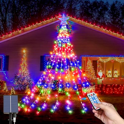 Guirnalda Luces Arbol de Navidad, Solares Luces Árbol Navidad con Estrella, 9*2M 8 Modos 198 LEDs Impermeable Cascada Luces de la Cadena con Estrella para Arbol De Navidad, Bodas, Jardín Decoración