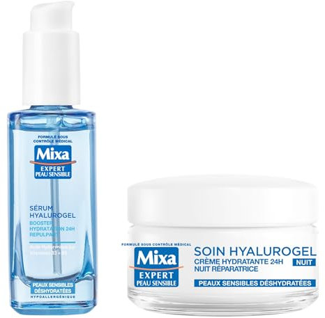Lot de Mixa Expert Peau Sensible - Sérum Hyalurogel - Booster Hydratation 24h Repulpant + Mixa Expert Peau Sensible - Hyalurogel Nuit - Crème-Masque Hydratante - Sommeil Réparateur - 50 ml - Lot de 1