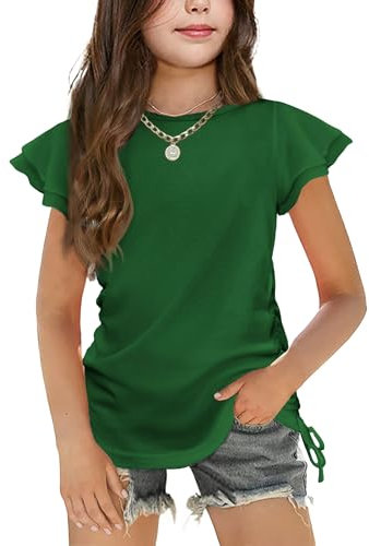 Arshiner Girls T-Shirt Green Kids Ruffle Sleeve Top Round Neck Top Casual Children's Clothing with Drawstring 5-6 Years