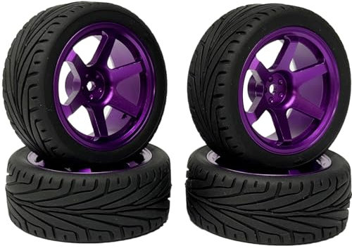 KINGCOO RC Auto Reifen und Räder Set, 4Stück 65mm Gummireifen und 6 Speichen Aluminiumlegierung Metallfelgen Räder Felgen Alufelgen Ersatzteile für 1/10 RC On-Road Touring Racing Auto (Schwarz Lila)
