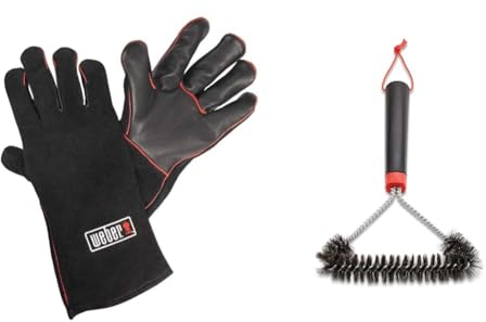 Weber Gants pour Barbecue - Protection, en Cuir - Accessoires Barbecue Brodage Rouge Logo 1 Paire - Noir (17896) & 12 Three-Sided Grill Brush