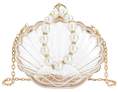 MilyaDE Damen Transparente Clutch Mini Acryl Klare Muschel Geldbörsen Durchsichtige Schultertasche Umhängetaschen Handtasche mit Perlen Ketten
