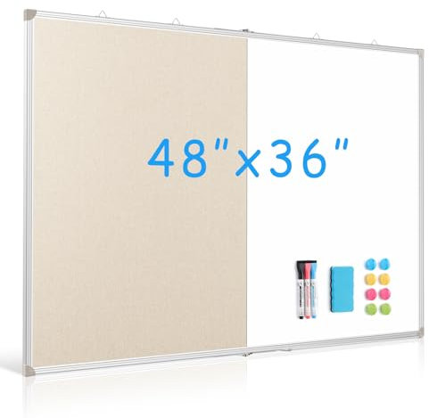 DOLLAR BOSS Faltbare Leinenkorktafel, Whiteboard, Kombi, 121,9 x 91,4 cm, extra groß, magnetisch, trocken abwischbar, Pinnwand, tragbar, doppelseitig, Aluminiumrahmen, Pinnwand für Schule, Büro, Weiß