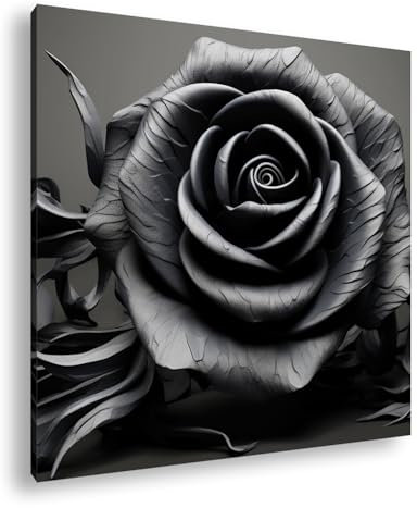 Una rosa nera in filigrana, elaborata ed elegante, con foglie dettagliate che si svolgono ventando Formato: 40 x 40 cm come tela su telaio in vero legno, stampa digitale di alta qualità
