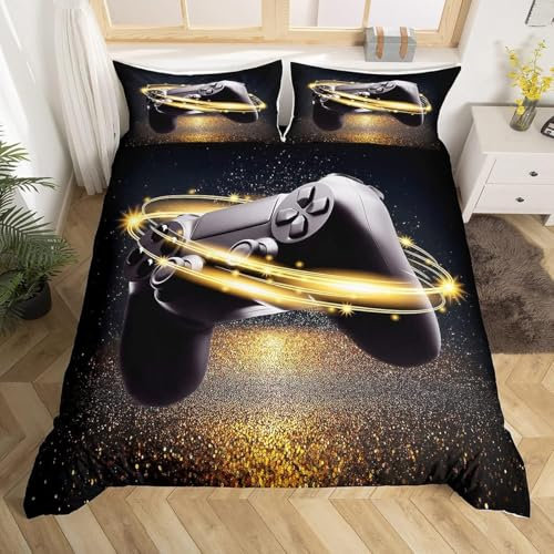 Homemissing Jeux pour Enfants Matelas Ensemble de Literie Filles Garçons Matelas de Jeu Housse de Couette Noir Jeux Housse de Couette 240x260cm Modern Game Controller Chic Gold Noir, Pas de Flash