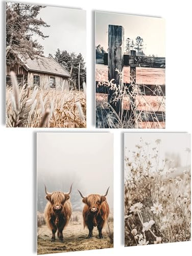 KÜCHE Deko Wandbilder Sprüche Poster Set mit Bilderrahmen A4 (Hochlandrind Bild, 4x A4 | ohne Rahmen)