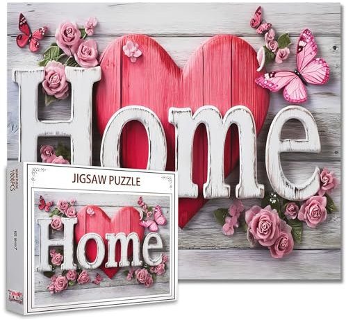 3D Home Sign with Heart Roses Jigsaw Puzzle 1000 Pieces Puzzles for Adults White Wooden Background Jigsaw Puzzles for Challenging Family Activity Games Home Letter Sign DIY Puzzle Handmade Gifts Wall