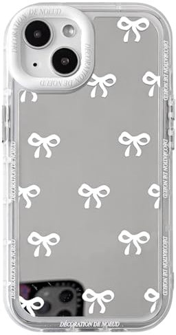 NITITOP Compatible with iPhone 15 Case Cute Glossy Mirror Little Bowknot Pattern for Women Girls Ribbon Design White Lens Bezel Design Shockproof Silver Protective Phone Cover - White