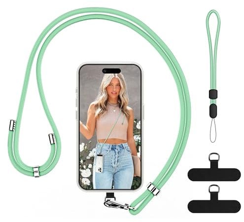 COCASES Phone Lanyard Crossbody Adjustable Anti-Theft Phone Strap Crossbody and Wrist Strap for Neck Strap iphone Lanyard Compatible with Most Mobile Phone-2 Black Patches Lightgreen