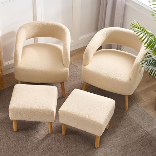 Wiuzo 2er Set Freizeitstuhl mit Fußstütze,Neuartiger Sessel,TV-Sessel Polstersessel mit Hocker Teddy Fleece (Lehnwort) Relaxsessel Loungesessel Fernsehsessel Einzelsessel Beige