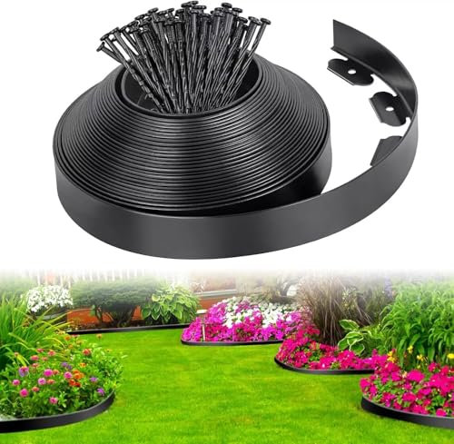 Lawn Edging, Garden Edging Border 33ft with 30 Spikes, Black 4.5CM High Flexible Flower Bed Edge & Reinforced Plastic Pegs, Professional Landscape Dividers, All-Weather Resistant Lawn Edging Strip