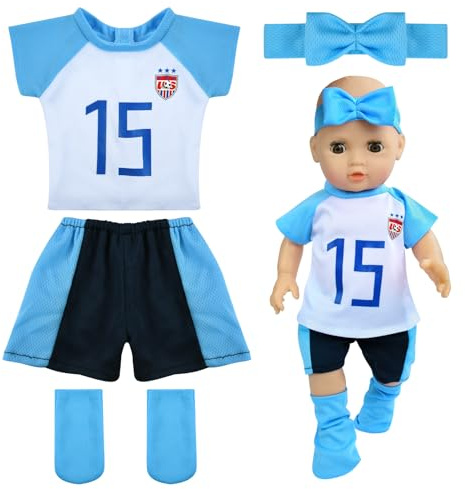 Puppenkleidung Sommer, 18 Zoll Puppen Kleidung, Outfits für Baby Puppen mit Kurzarm, Shorts, Stirnband und Socken, Puppensportbekleidung für 35–45 cm Puppen Sommer Accessoires (Hellblau)