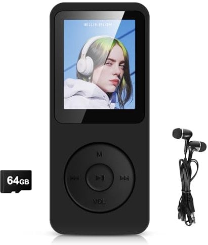 64GB MP3 Player Bluetooth 5.3 with 1.8’ TFT Colour Screen with Headphones, HiFi Music Kids MP3 Player with Speaker, FM Radio, E-Book, Recording, Support up to 128 GB (Black-64GB)