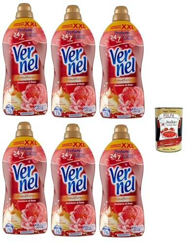 Vernel Aromatherapy Sehnsucht nach Rose, Weichspüler in der Waschmaschine, Konzentrat, Duft wie frisch gewaschen, 6 x 1.9Lt -Liter XXL + Italian Gourmet polpa 400g