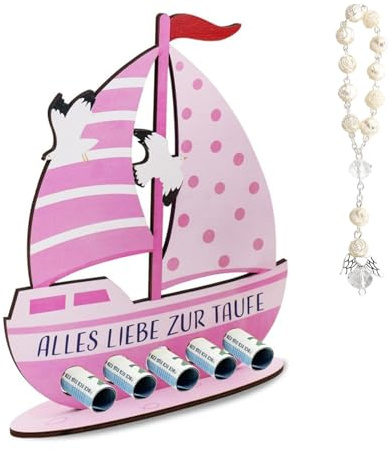 BSITSSS Regali per Battesimo per Ragazze Rosa per Braccialetto, Carino Regalo Battesimo Bambini, Barca In Legno Con Base, Regalo in Denaro per Battesimo, Tutto I'amore per il Battesimo