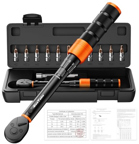 AivaToba 13PCS 1/4 Bike Torque Wrench Set 2-24Nm, Bicycle Tool Kit | 13PCS ±3% Click Torque Wrench with Sockets & Bits (Hex, Torx), Extension Bar for MTB & Road Bike Repair