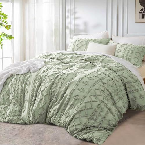 DXHOME Getuftet Bettwäsche Set 220x240cm Boho 3TLG Grün Getuftet Stickerei Unifarben Bohemian Style Geometrische Stickerei Microfaser Bettbezug mit Reißverschluss und 2 Kissenbezug 80x80cm