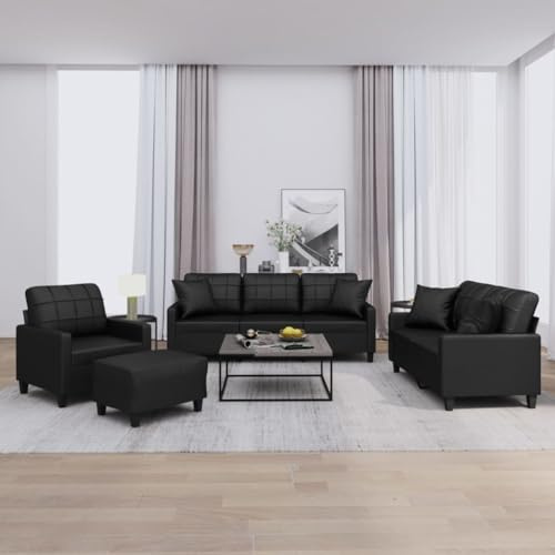 Iiaky Sofa Set 3 2 1 Wohnzimmer Sofagarnitur 3-2-1Couchgarnitur WohnzimmerSofa Kunstleder-Schwarz-Mit Polstern & Fußhocker