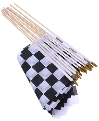 FUTUREORYY Lot de 16 Drapeaux à Carreaux Noirs et Blancs sur Bâton en Tissu Léger pour Décorations de Fêtes à Thème Course Automobile