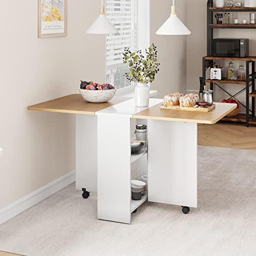 Thaookte Klappbarer Esstisch, Mobiler Klapptisch Mit Rollen Und 2 Ablagen Für 4-6 Personen, Klapptisch Esszimmertisch Für Kleine Räume, Küche, Esszimmer, 120 x 60 x 75 cm, Weiß