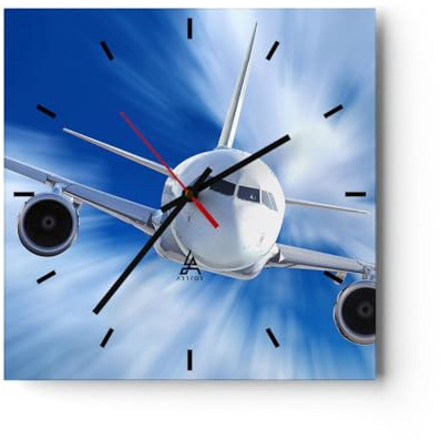 Modern Wanduhr Luftfahrt Flugzeug Flug 30x30cm Quadrat Klein Wand Uhr Glas Analog Zimmeruhren Küche Büro Wohnzimmer Glasuhr Wall Clock Dekoration Design Wanddekoration Küchenuhr C3AC30x30-2537