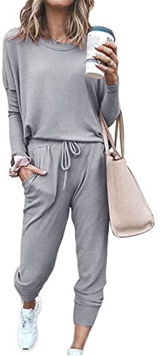 SotRong Women's Loungewear Pyjama Set Plain Tracksuit 2 Piece Sweatsuit Long Sleeve Blouses and Full Sweat Pants Ladies Casual Jogger Set Sports Suit Activewear Light Grey L