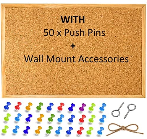 Large Cork Pin Notice Board Bulletin Vision Boards For Home Bedroom offices Memo Message Pictures Planner Display Organiser Wood Frame Corkboard - Wall Mount Screws And 50 Push Pins - 600 x 400 mm