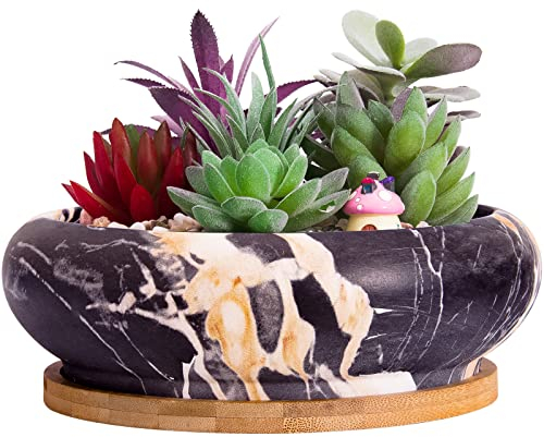ARTKETTY Groß Sukkulenten Pflanzgefäße Töpfe mit Bambus Untersetzer, 18,5cm Keramik Kaktus Übertöpfe Töpfe Runde Blumentöpfe Bonsai Container für Garten Büro Schreibtisch Dekoration