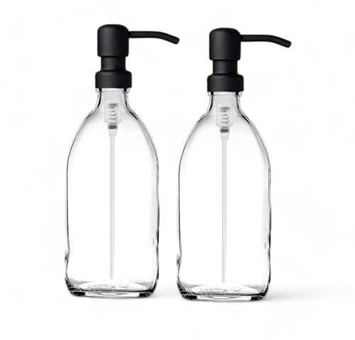 Klarglasflaschen 500ml Seifenspender mit Metallpumpe (BPA frei) Klar Glas leere Seifenspender - wiederverwendbar nachfüllbar umweltfreundlich nachhaltig Wohnen Geschenk (Satin Schwarz Finish, 2)