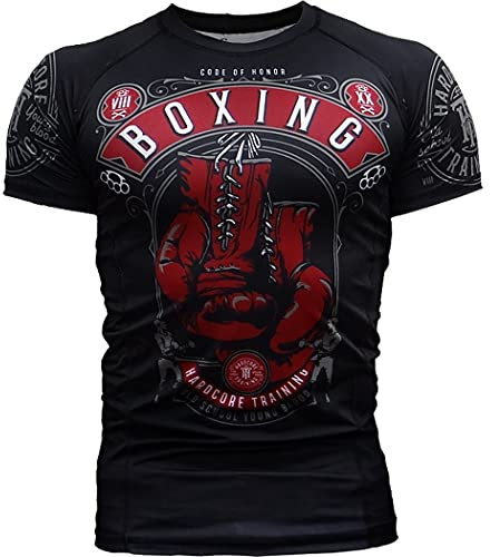 Hardcore Training Men's Rash Guard Compression Short Sleeve MMA Jiu Jitsu No-Gi Tight BJJ Grappling Base Layer Combat, Black, Medium