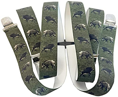 WILDSCHWEIN JÄGER Hosenträger -Österreich-Vienna-35MM breite Hosenträger mit 4 Clips in H-Form verstellbare elastische Hosenträger mit starkem Metallclip/ WildschweinGanzGrün G-019