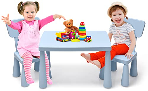 DREAMADE 3tlg. Kindersitzgruppe mit 1 Tisch & 2 Stühlen, Kindertisch mit 2 Stühle zum Lernen & Essen & Spielen, Sitzgruppe Kindermöbel Set für Kinder Mädchen und Jungen (Blau)