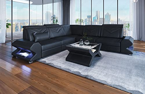 Sofa Sorrento in L Form als Ecksofa mit Bettfunktion zum Schlafsofa Ledersofa mit LED Licht Moderne Couch (ohne Bettfunktion, Black)