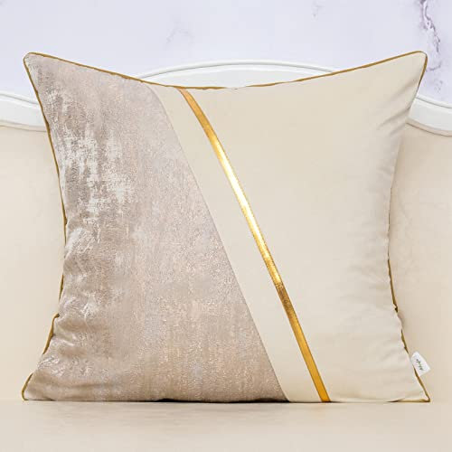 Alerfa 45,7 x 45,7 cm gebrochenes Weiß Beige Gold Leder Patchwork Samt & Polyester Kissenbezug Luxus Modern Quadratisch Wurfkissenbezug Dekoratives Kissen für Couch Sofa Wohnzimmer Schlafzimmer Auto