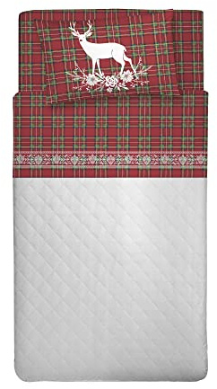 PENSIERI DELICATI Bettwäsche Set Einzelbett 100% Baumwolle, Einzelbett 90x200 Inklusive Bodenblech, Deckblatt und 1 Kissenbezug, Made in Italy, Tartan Hirsche Rot Fantasie