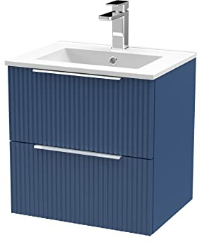 Hudson Reed DFF392B Fluted Modern Bathroom Wall Hung 2 Drawer Vanity Basin Unit with Minimalist Ceramic Basin, 500mm, Satin Blue