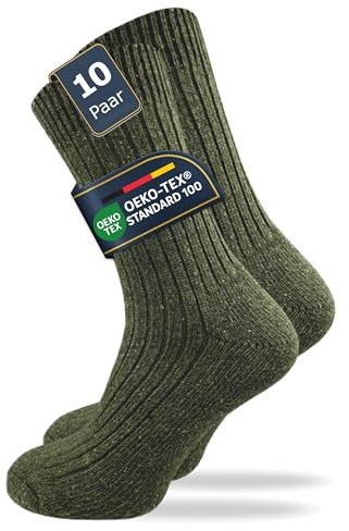 GAWILO dicke & warme Herren Army Socken (10 Paar) | robuste Jagdsocken mit dicker Frotteesohle aus 70% Wolle | ideal auch als Arbeitssocken (DE/NL/SE/PL, Numerisch, 43, 46, Regular, Regular, grün 2)