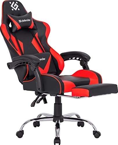 Defender Pilot Gaming PC Stuhl mit Fußstütze - Ergonomisch Sessel Lumbalstütze, Kopfstütze, Höhenverstellbar, bis 140kg Bürostuhl Kunstleder, Rot/Schwarz, Verstellbare Rückenlehne, 135° Neigungswinkel