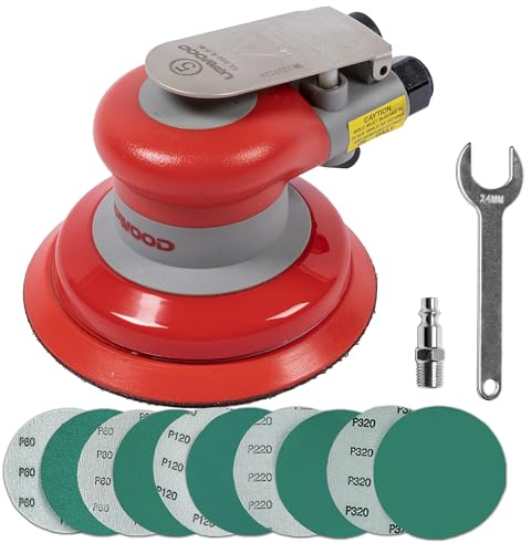Lijadora orbital neumática aleatoria de 5 pulgadas, lijadora de palma ligera de 3/16 pulgadas de diámetro, órbita de 12000 RPM con 10 piezas de papel de lija adicionales