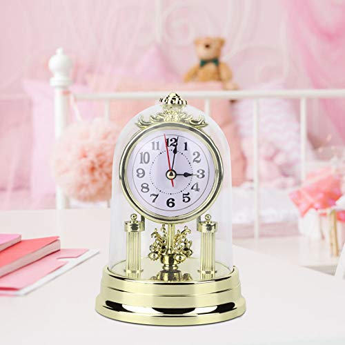 Akozon Tischuhr Europäische Retro Stil Wohnzimmer Gold Uhr Antik Silent Tischuhr Home Decor Glashaube Drehpendeluhr