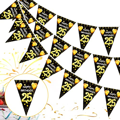 25. Geburtstag Girlande Banner,25er Geburtstag Schwarz Gold Wimpel Banner,25 Geburtstag Wimpelgirlande,25 Jahre zum Birthday Aufhängen Wimpelkette,25 Geburtstag Deko Wimpel für Frauen und Mann