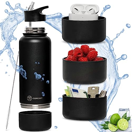 ST-Concept - Trinkflasche 1l - Wasserflasche - Edelstahl - BPA Frei - Kohlensäure geeignet - Auslaufsicher - Mit Aufbewahrungsfach - Gratis Bürste