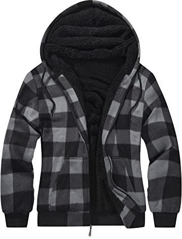 geeksport Fleecejacke Herren Sweatjacke Männer mit Kapuze Warme Kapuzenjacke Gefüttert Winterjacke Kariertes Hoodie mit ReißVerschluss, 0569-Grau L