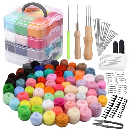 luokefe Nadelfilz-Set, 72 Farben, Filzwolle, Filz-Starter-Set mit Nadeln, Grundwerkzeugen und Zubehör für Heimwerker, Handwerk, Wollfaser, Handspinnen für Anfänger