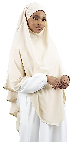 Lamis Hijab - Khimar 2 Schleier zum Überziehen aus Medinenseide, Jilbab für muslimische Frauen, verhüllt KH200, Cremefarben, One size